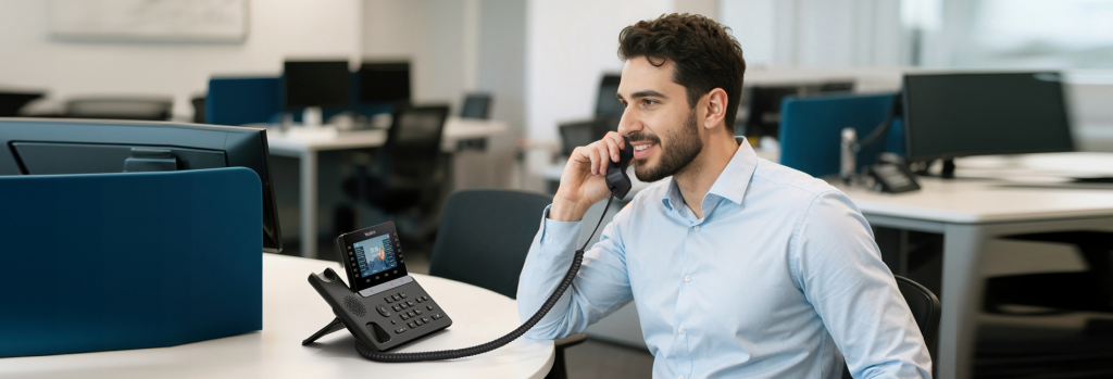 Smiling office worker on a call with a VoIP desk phone in an open-plan office