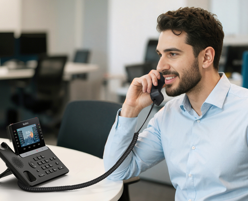 Smiling office worker on a call with a VoIP desk phone in an open-plan office