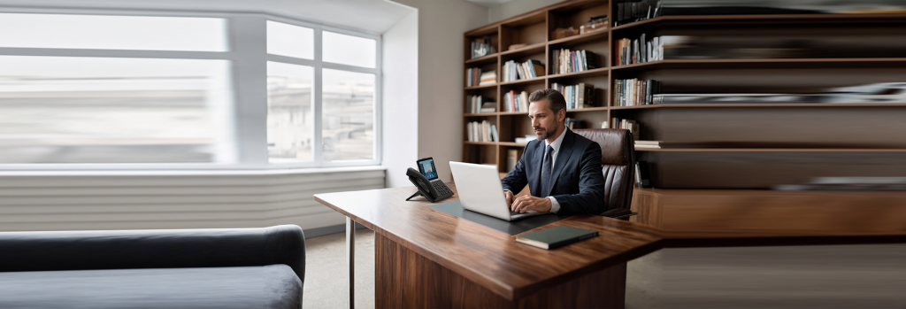 Businessman working at a laptop next to a VoIP desk phone in a bright office