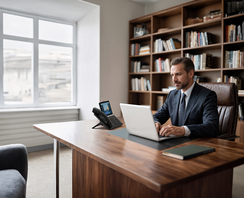 Businessman working at a laptop next to a VoIP desk phone in a bright office